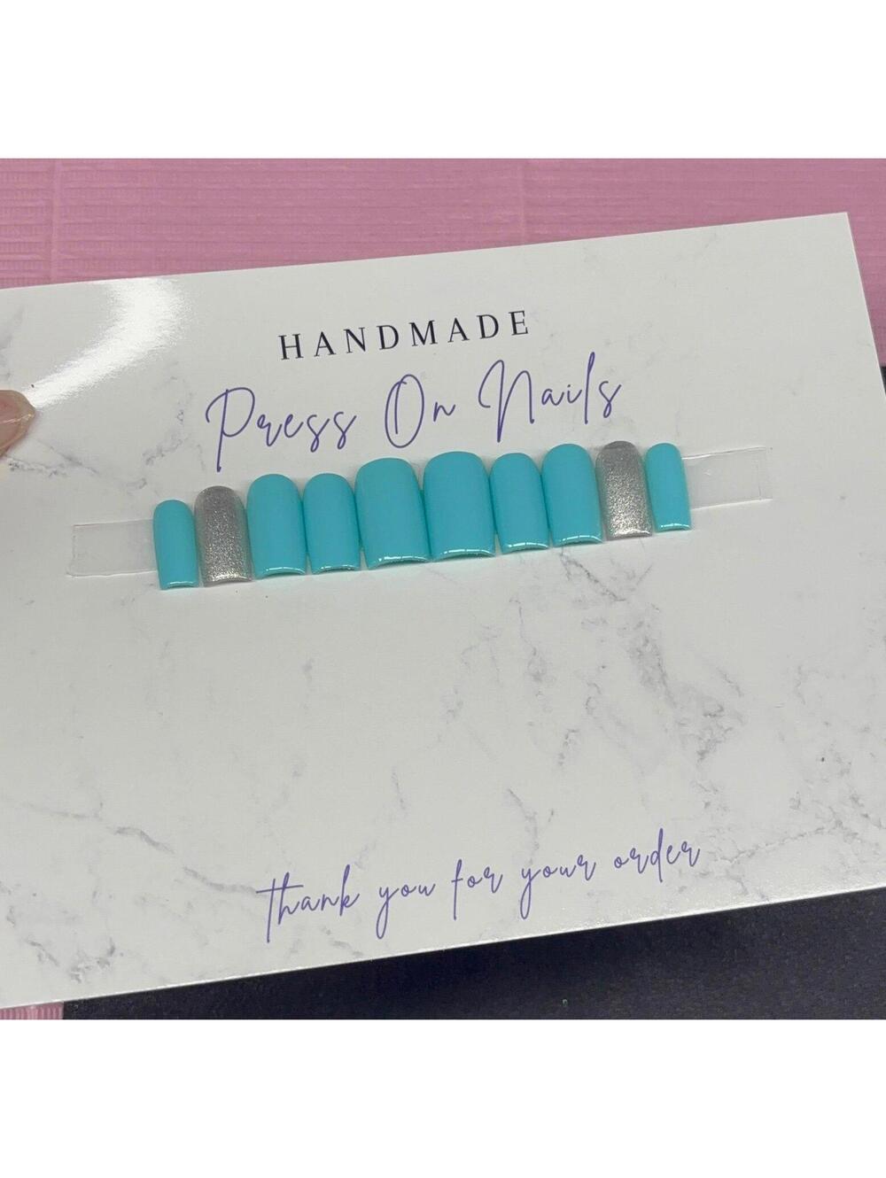 Short square Press on nails silver glitter teal light blue handmade custom gel - Picture 5 of 8